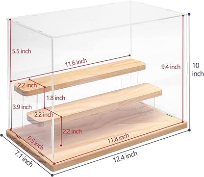 Choowin 3 Tier Clear Acrylic Display Case for Collectibles, Mini Figures, Pop Mart, Labubu, Sonny Angel, Smiski - Assemble Dustproof Acrylic Display Box with Door, Stand (Wood Base Step)