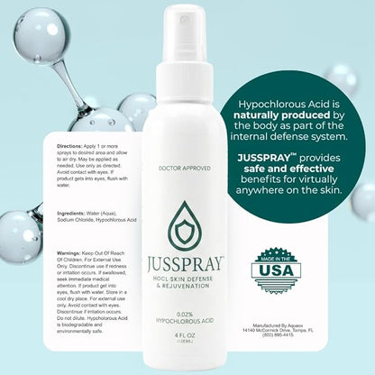 JusSpray™ Hypochlorous Acid Skin Defense Mist – 4 oz Spray for Sensitive Skin, Acne, Comfort & Piercing Aftercare, Gentle Face & Body Toner, Redness Reduction, Suitable for All Skin Types