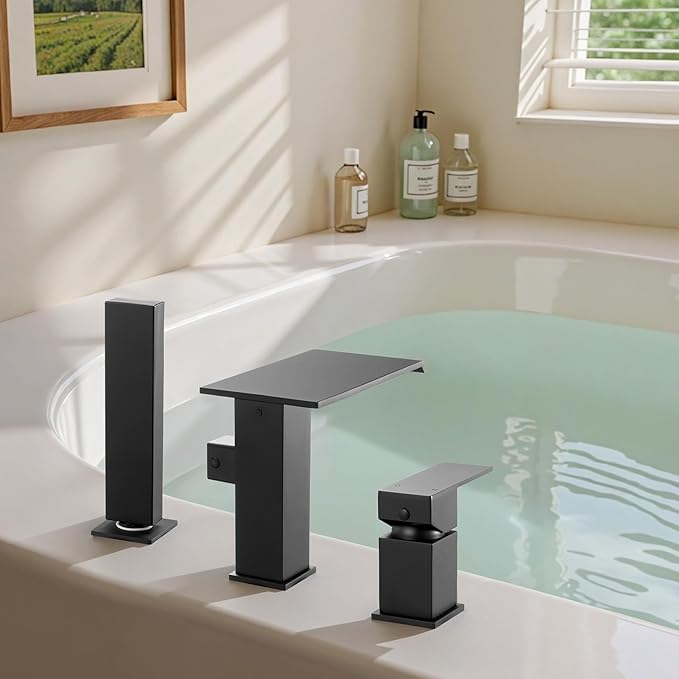VEVOR Roman Tub Faucet, 3 Hole Waterfall Bathtub Faucet, Roman Bathtub Faucets Set with Shower Head & 1 Handle, Deck Mount Bath Tub Faucets Set for Pet Washing, Baby Care, Adult Bathing, Matte Black