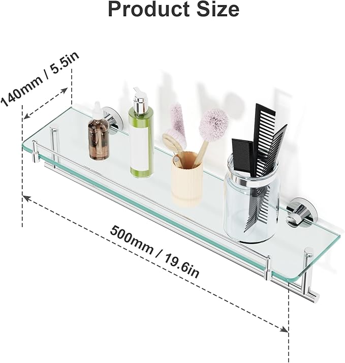 20-Inch Floating Tempered Glass Bathroom Shelf with Towel Bar - Chrome Polished & Stainless Steel, Wall Mount