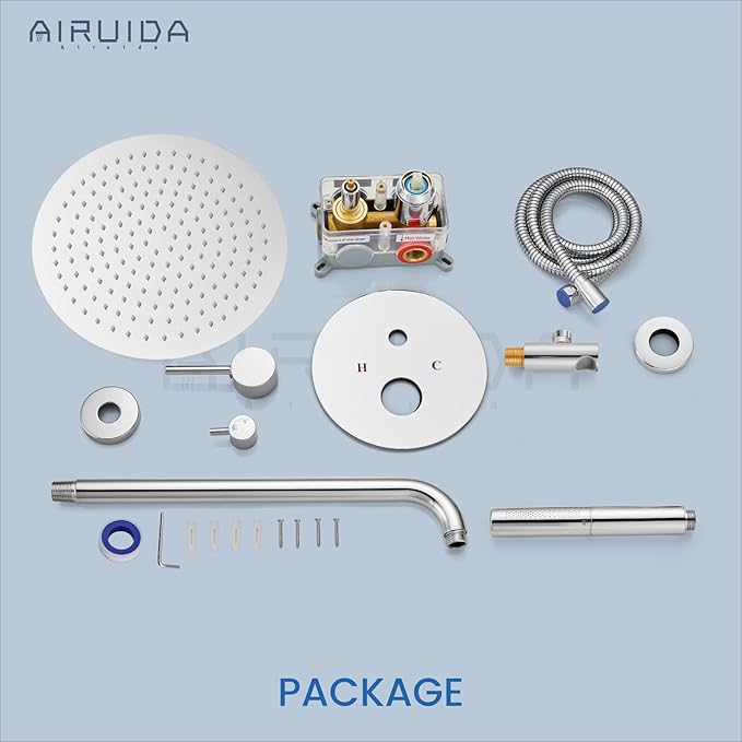 Airuida Shower Fixtures 2 Functions Shower Faucet Set Wall Mounted for Bathroom High Pressure Brass Handheld Shower with Rough-in Valve Round Rainfall 12 Inch Shower Head Chrome Polish
