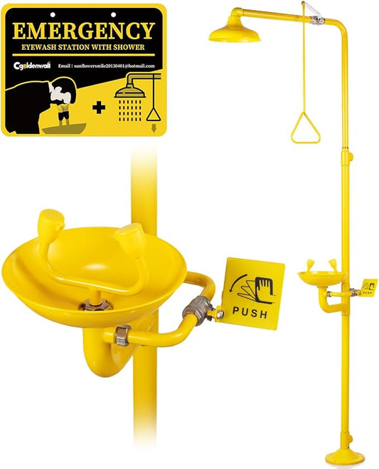 CGOLDENWALL Emergency Shower Eye Wash Station Safty Shower Combination Eye Wash Station with Shower, NPT Thread, with Emergency Sign, 304 Stainless Steel+Yellow Coating