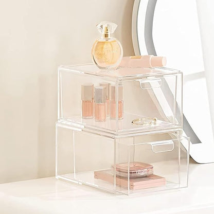 Clear Stackable Storage Drawers,2 Pack Acrylic Drawers Desk Organizers Makeup Organizer for Vanity, Bathroom,Cabinet,Desk Organization