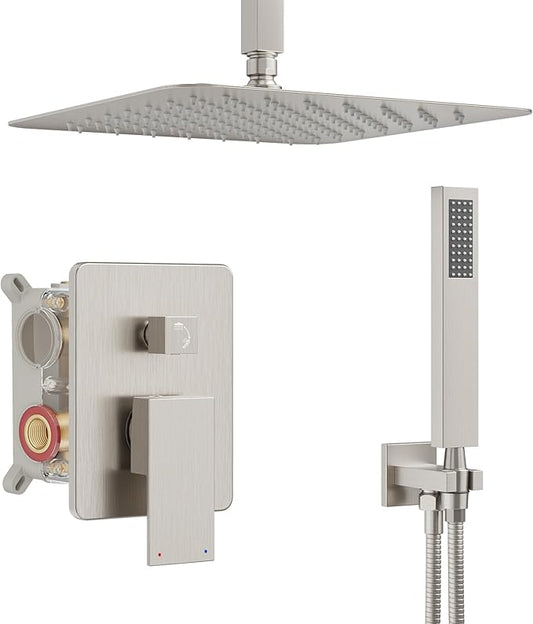 Ceiling Mount Shower System, Shower Faucet Set with 12-Inch Rain Showerhead and Handheld Spray Combo, High-Pressure Showerheads Set with Valve and Trim Kit, Brushed Nickel