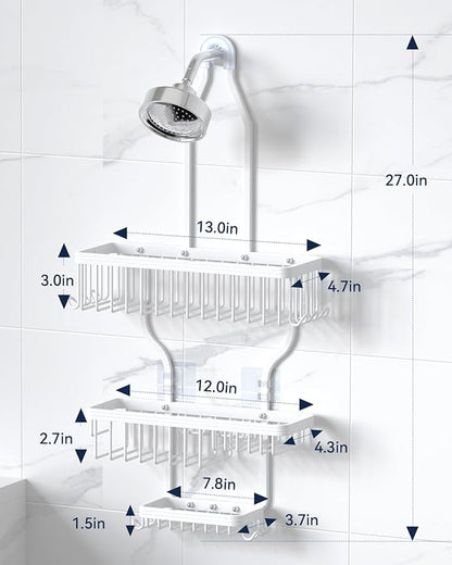 YASONIC Shower Caddy - Never Rust Aluminum Organizer - Over Shower Head with 10 Hooks & Soap Basket - White