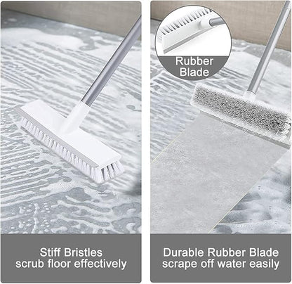 Floor Scrub Brush with Long Handle 54''- Stiff Bristle 2 in 1 Shower Scrubber with Squeegee Cleans Kitchen, Wall, Tile, Grout, Tub and Carpet, Brush Broom Scrubbing Garage, Patio Deck