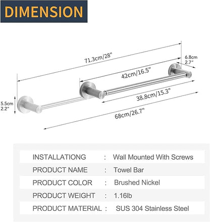 BESy Adjustable 15 to 26 Inch Single Bath Towel Bar for Bathroom SUS304 Stainless Steel Towel Holder, Wall Mount with Screws Hand Towel Bar Rod Hotel Style, Brushed Nickel