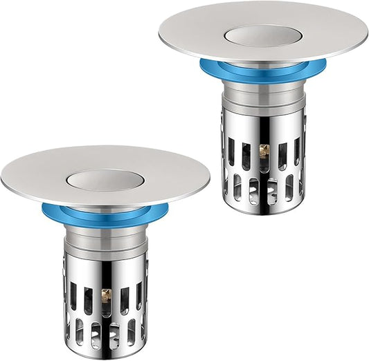 Universal Bathroom Sink Stopper, Pop Up Sink Drain Strainer Plug with Removable Stainless Steel Filter Basket Hair Catcher,Brass Body,Bathroom Bathtub Drain Stopper(2 PCS),Brushed Silver