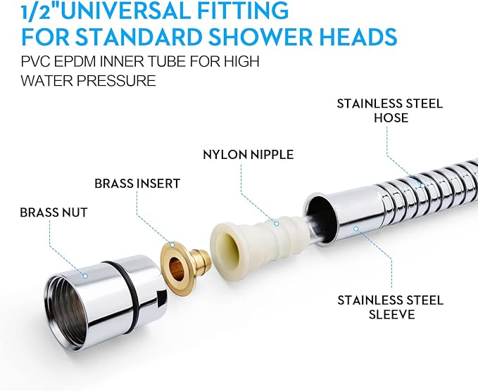 Shower Hose, 79 Inches Extra Long Stainless Steel Handheld Shower Head Hose with Brass Insert and Nut - Durable and Flexible(Chrome)