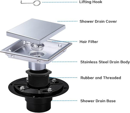 Square Shower Drain, Silver Shower Drain 6 inch with Flange and 2 in 1 Tile-Insert Cover, AISI 304 Stainless Steel Shower Floor Drain with Hair Catcher and Flange