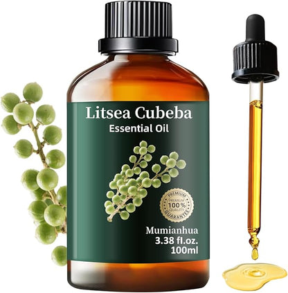Mumianhua Litsea Cubeba Essential Oil 100% Pure Litsea Cubeba Oil Natural May Chang Essential Oil for Aroma & Diffusers, Massage, Skin Care, Hair Care, Candle & Soap Making 3.38 Fl Oz