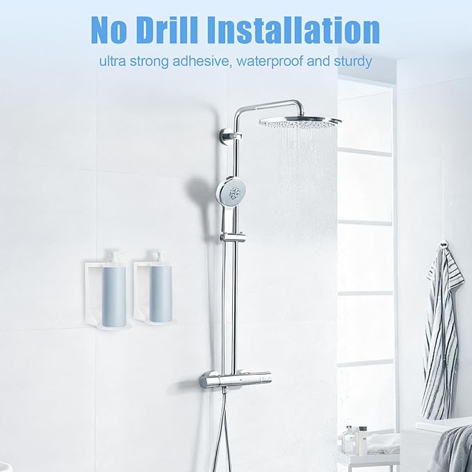 No Drill Pump Bottle Holders 2 Pack - Adhesive Wall Mount Shampoo Holder, 11LB Weight Capacity, Dedicated Storage for Shower Pump Bottle Body Wash/Conditioner/Lotion