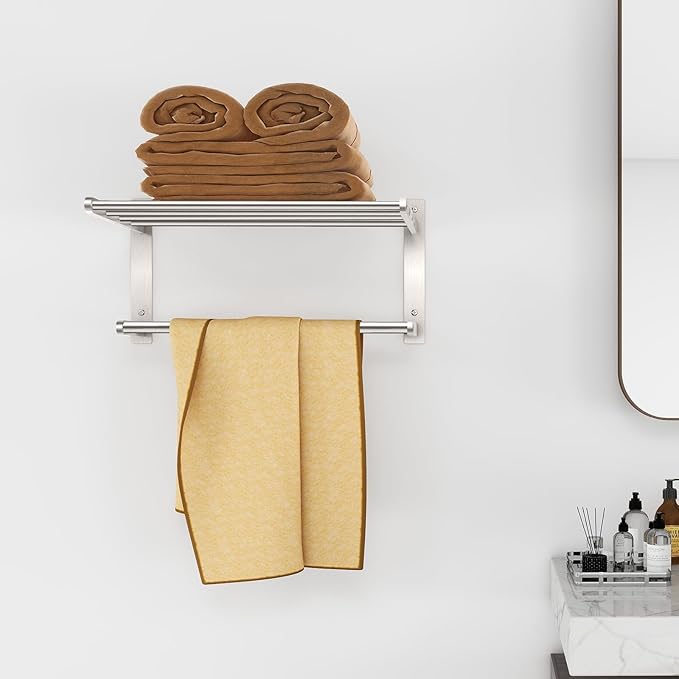 Towel Rack with Shelf 16", Metal Towel Racks for Bathroom Wall Mounted, Bathroom Shelf with Towel Bar Rustproof Bath Towel Holder Towel Rod Lavatory Bath Accessories - Brushed Nickel