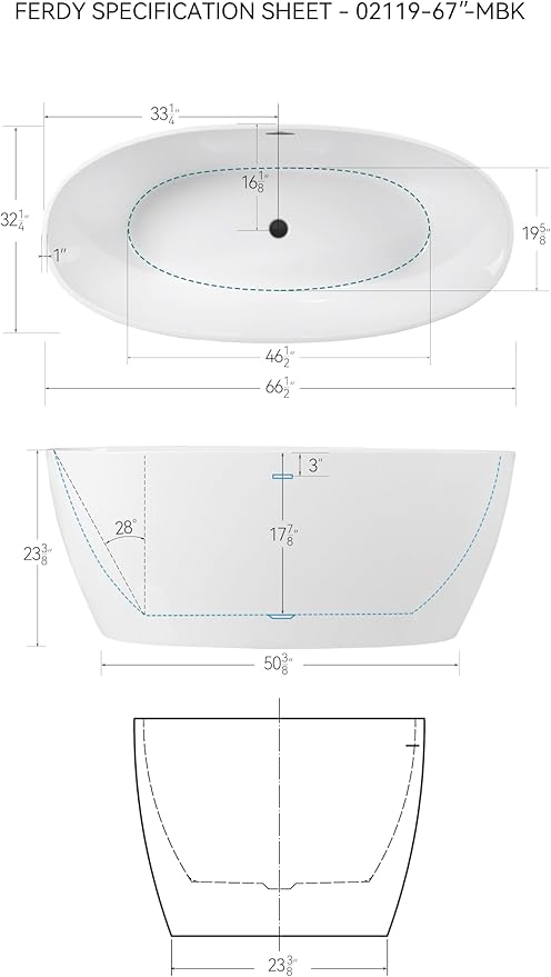 FerdY Tahiti 67" Freestanding Bathtub Elegant Oval Shape, Glossy White Double Walled Insulation bathtub with Center Matte Black Drain, cUPC Certified