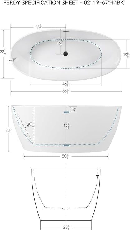 FerdY Tahiti 67" Freestanding Bathtub Elegant Oval Shape, Glossy White Double Walled Insulation bathtub with Center Matte Black Drain, cUPC Certified