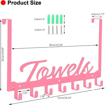 Over The Door Hooks, Towel Rack for Bathroom Towel Holder for Hanging Heavy Duty, Over Door Hanger with 7 Coat Hooks for Bedroom Bathroom Pool Kitchen, Bags(Pink)
