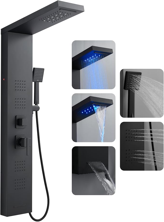 ROVOGO 46.5"H x 7.8"W Shower Panel Tower System with LED Lights, Rainfall Waterfall Shower Head, 4 Body Jets, Handheld Shower and Tub Spout, Stainless Steel Shower Column, Black