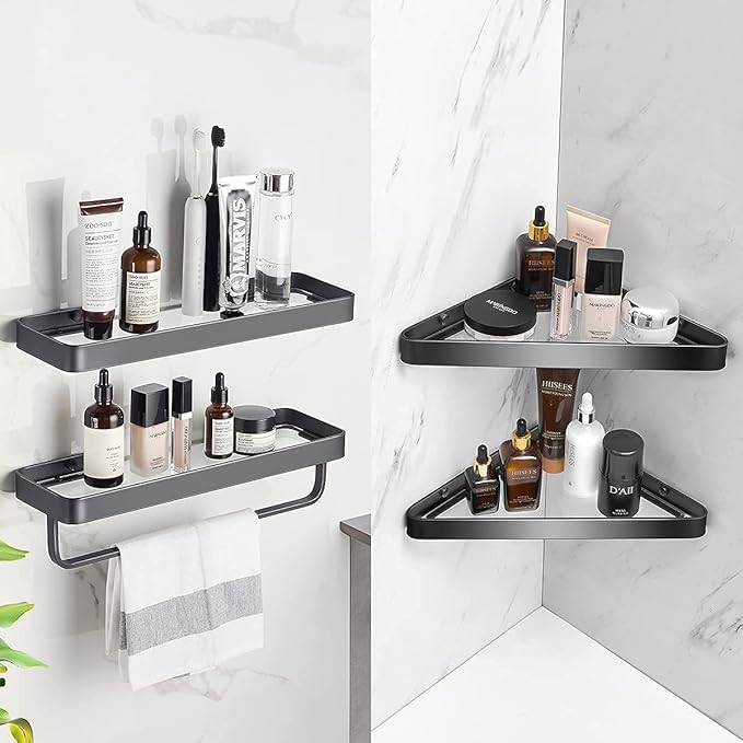 VOLPONE Bathroom Shelves Wall Mounted Glass Shelf for Floating Shelf Tempered Glass Shelves 2 Tier Bathroom Wall Organizer(Black)