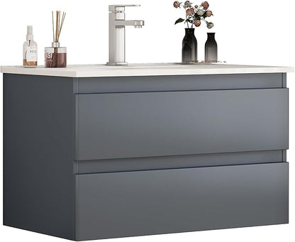 32" Wall Mounted Bathroom Vanity with Sink, Modern Dark Grey Floating Cabinet, Solid Plywood with Round Edges, 2 Soft Close Drawers, Handleless Design, Ceramic Top
