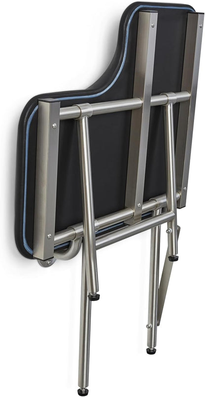 28" x 22.5" Black Padded Wall Mount Folding Left-Handed Transfer Bench Shower Seat with Legs, ADA Compliant