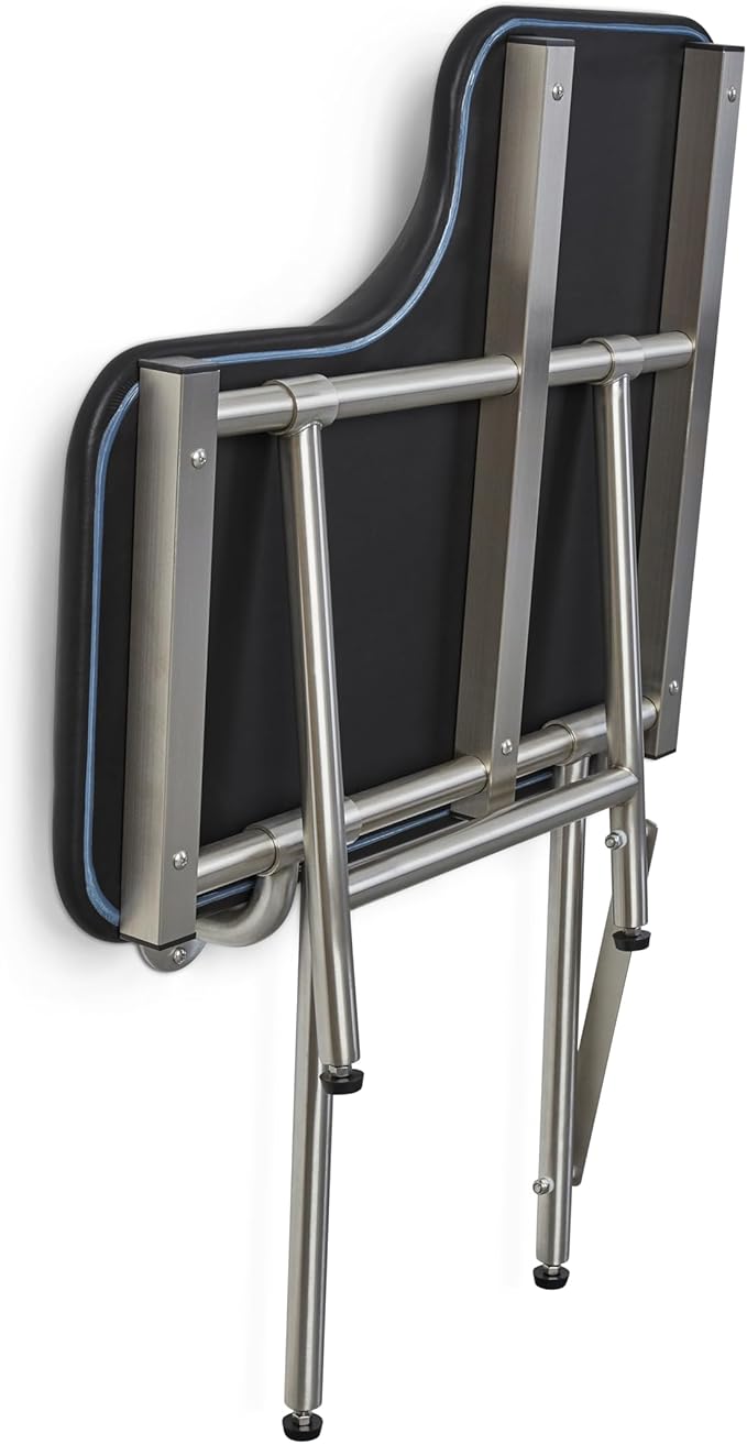 26" x 22.5" Black Padded Wall Mount Folding Left-Handed Transfer Bench Shower Seat with Legs, ADA Compliant