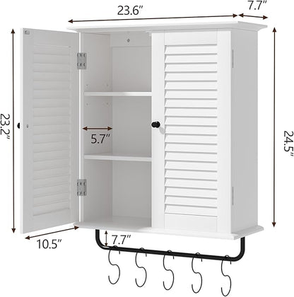 White Wall Mounted Cabinet, Over the Toilet Storage Cabinet, Wooden Wall Cabinet with 2 Doors & Hooks, White Wall Cabinet, Medicine Cabinet Organizer, Storage Cabinets Over Toilet Livingroom Kichen