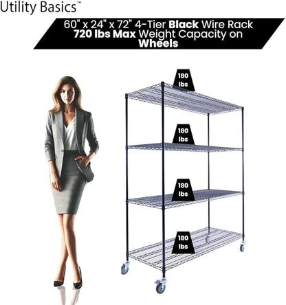 NSF Commercial 4-Tier Wire Shelving with Wheels, 60"x24"x72" Heavy Duty Metal Shelves 3200 lbs Max Capacity, Black Storage Rack for Garage Kitchen Pantry Warehouse