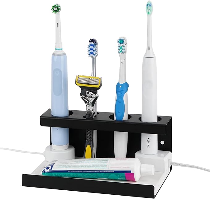 Electric Toothbrush Countertop Holder with Diatomite Stone - Bathroom Sink Organizer or Wall-Mounted Rack, Compatible with Philips Sonicare, Oral-B (Black)