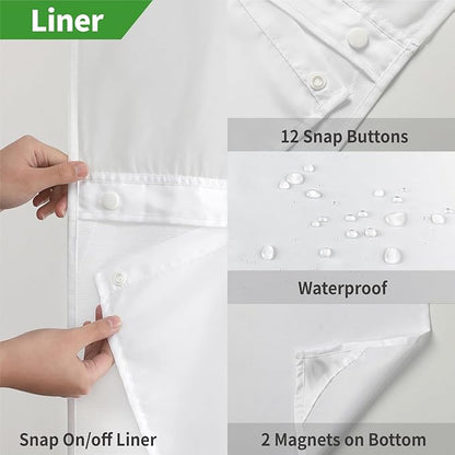 Stall No Hooks Needed White Shower Curtain with Snap-in Fabric Liner Set,Linen Textured Hotel Luxury Decor Farmhouse Shower Curtains for Bathroom,Waterproof & Washable,54Wx80H