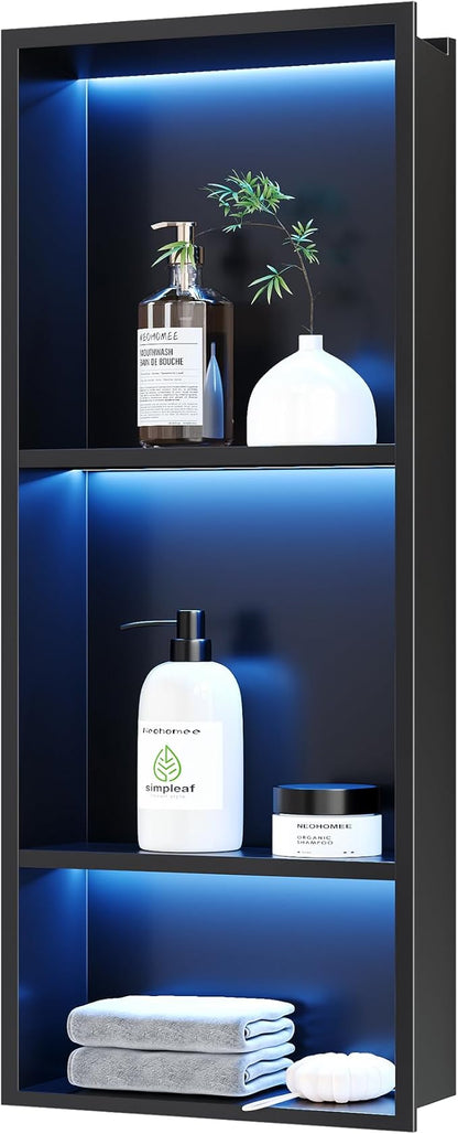 3-Tiers 12x30Inch Wall Niche with RGB LED Lights, Matte Black Recessed Shower Niche Cabinet, Stainless Steel Bathroom Shelf, NO Tile Needed Storage Organizer for Shower Wall