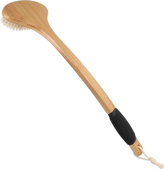 OWIIZI Back Scrub Brush for Shower,Stiff Boar Bristles Bamboo Curved Long Handle Antiskid Body Bath Brush for Back Use Wet or Dry,Deep Cleanse Large Surface Back Scrubber