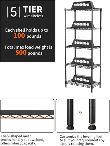SINGAYE Shelf Wire Shelving Adjustable Storage Shelves Rack Standing Units for Kitchen Closet Laundry Bathroom Organizers Metal Pantry Narrow Mesh Gaps 12" D x 22" W x 59" H Black