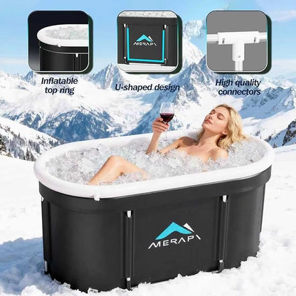 Merapi XL 131 Gal Portable Ice Bath Tub - Large Oval Cold Plunge for Athletes Recovery, Foldable Ice Bath Tub for Muscle Recovery, Home Gym, Outdoor Cold Therapy with Fast Drainage & Neck Cushion