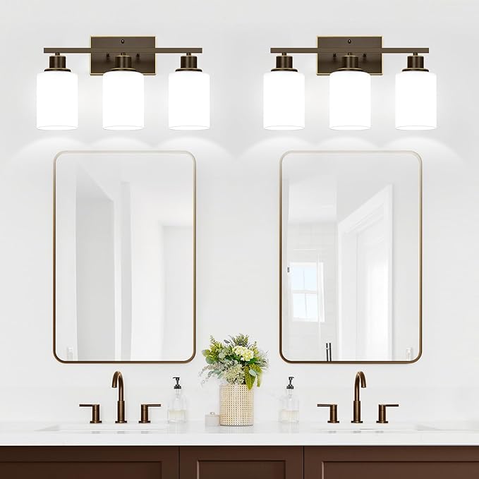 3-Light Bathroom Light Fixtures, Vanity Light with Milky White Shades, Oil-Rubbed Bronze Bathroom Light Fixtures Over Mirror, Modern Bathroom Wall Lamp for Mirror Living Room Cabinet Bedroom