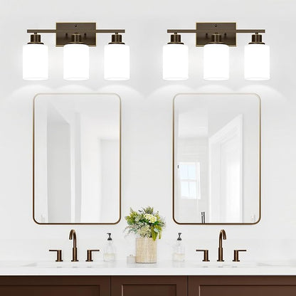 3-Light Bathroom Light Fixtures, Vanity Light with Milky White Shades, Oil-Rubbed Bronze Bathroom Light Fixtures Over Mirror, Modern Bathroom Wall Lamp for Mirror Living Room Cabinet Bedroom