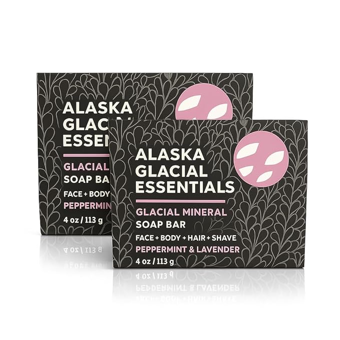 Alaska Glacial Cold-Process Mineral Clay Soap Bar made with Organic Oils | Face, Body, Shampoo & Shave | Hydrates & Detoxifies | For All Skin Types – Peppermint & Lavender, 2 Pack