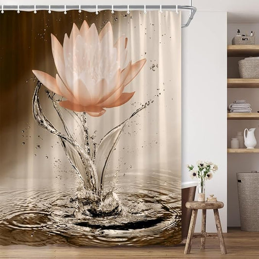 Lotus Shower Curtain Orange Flower Elegant Blooming Floral with Dew Spring Flower Reflection on Water Modern Romantic Polyester Fabric Bathroom Decor 70×90 Inch with Hook