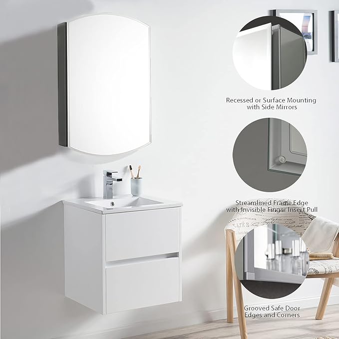 Blossom 20x31 Inch Aluminum Medicine Cabinet with Mirror – Recessed or Surface Wall Mounted Bathroom Storage with Adjustable Glass Shelves, Soft Close Hinges, Rust-Resistant and Modern Mirrored Design