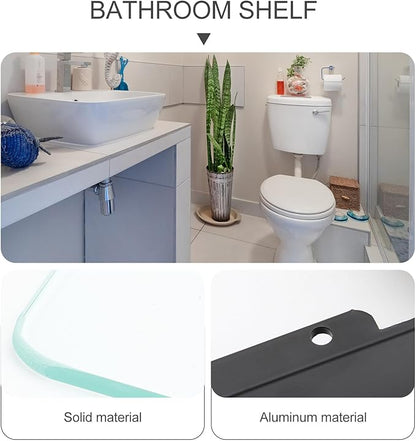 Black Bathroom Glass Shelf Bracket for Shampoo and Cosmetics Storage Floating Wall-Mounted Organizer Rack Stylish Corner Shelf for Modern Bathroom