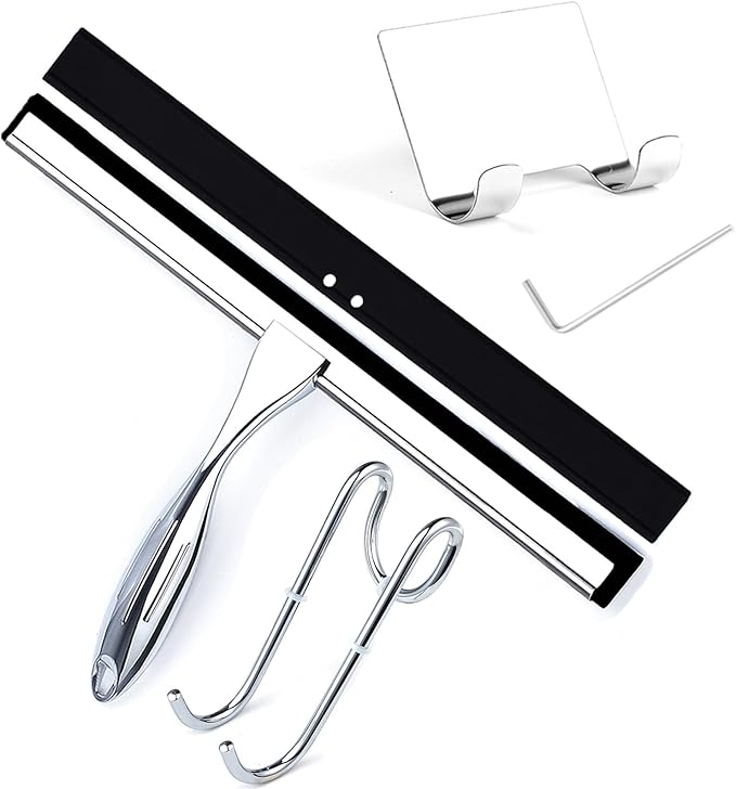 Shower Squeegee for Glass Doors, 12 Inches Bathroom Squeegee with Spare Silicone Blade, Shower Door Hook and Adhesive Hook, Stainless Steel Bathroom Squeegee for Mirror Window (12in-Silver-1 Pack)