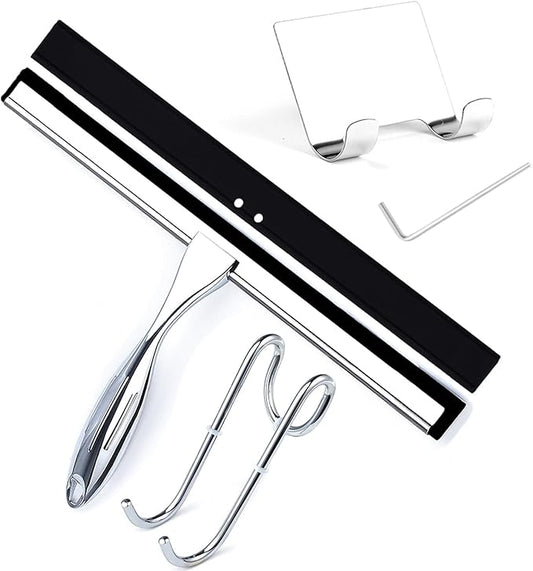 Shower Squeegee for Glass Doors, 12 Inches Bathroom Squeegee with Spare Silicone Blade, Shower Door Hook and Adhesive Hook, Stainless Steel Bathroom Squeegee for Mirror Window (12in-Silver-1 Pack)