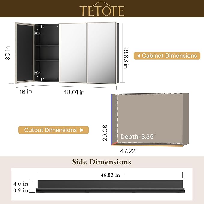 TETOTE 48" x 30" Brushed Nickel Medicine Cabinet Mirror with Storage Shelves Aluminum Alloy Frame with Beveled Edges Recessed or Wall-Mounted Rectangle Medicine Cabinet with Mirror