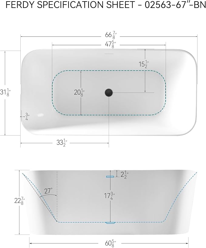 FerdY Maui 67" Acrylic Freestanding Bathtub, Contemporary Elegant Design Soaking Tub with Matte Black Drain and Minimalist Linear Design Overflow, Easy to Install