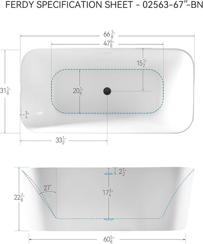 FerdY Maui 67" Acrylic Freestanding Bathtub, Contemporary Elegant Design Soaking Tub with Minimalist Linear Design Overflow and Matte Black Drain, Easy to Install