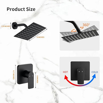 Black Shower Faucet Single Function Trim Kit with Rough-in Valve Set Bath Rainfall Shower System 8inch Square Stainless Steel Metal Shower Head