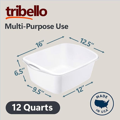 Tribello 2-Pack Dish Pans for Kitchen Sink, Plastic Tub Dishpan Wash Basin and Foot Bath for Soaking Feet, Wash Bucket for Washing and Storage Cleaning Supplies - 12 Quarts - Heavy Duty - (White)