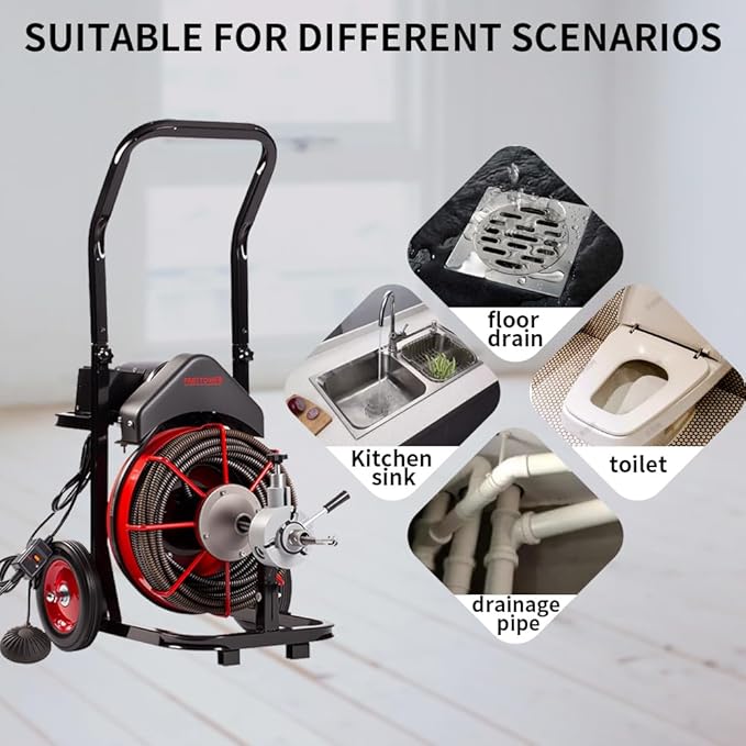 100FT x 1/2 inch Electric Drain Washer, Sewer Spiral Automatic Feed Portable Sewer Snake, Automatic Feed Drain Snake Drill on Wheels with 5 Knives and Air Activated Foot Switch for 4 "to 8" Pipe