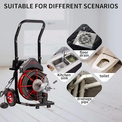 100FT x 1/2 inch Electric Drain Washer, Sewer Spiral Automatic Feed Portable Sewer Snake, Automatic Feed Drain Snake Drill on Wheels with 5 Knives and Air Activated Foot Switch for 4 "to 8" Pipe