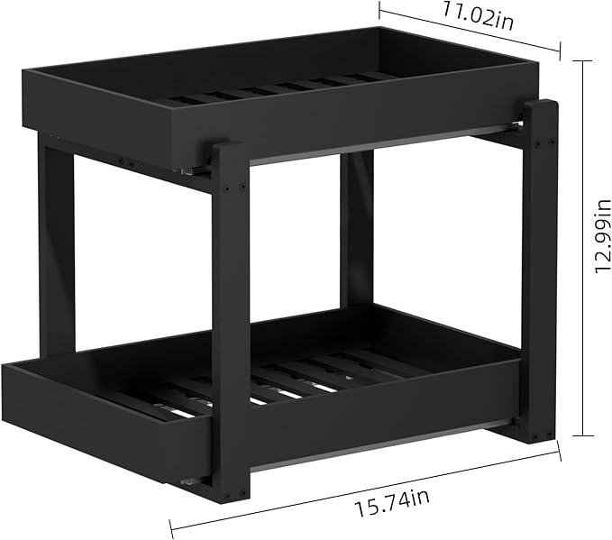 2 Pack Under Sink Organizer, Bamboo Wooden 2-Tier Pull-Out Storage with Sliding Drawers for Kitchen and Bathroom Cabinets, Easy Installation (Black, 2 Packs)
