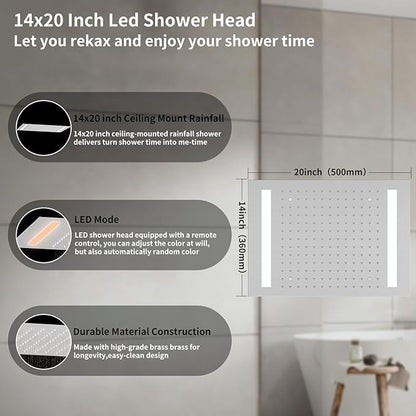 Bathroom shower system Ceiling 14x20 inch shower head, spray with handle, 6 PCS Body Jet and Handheld, temperature display shower faucet set (Brushed Nickel)